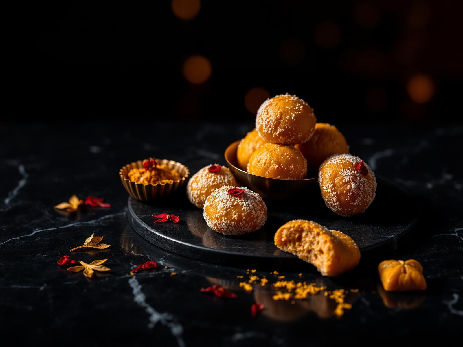 Golden homemade Indian sweets on dark marble
